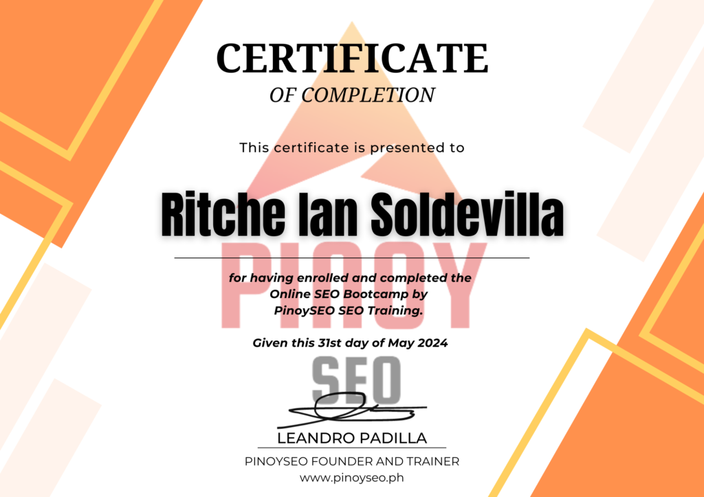 PinoySEO SEO Bootcamp Certificate of Completion